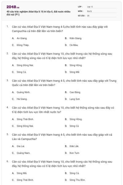 40 câu trắc nghiệm Atlat Địa lí: Vị trí địa lí, đất nước nhiều đồi núi (P1)