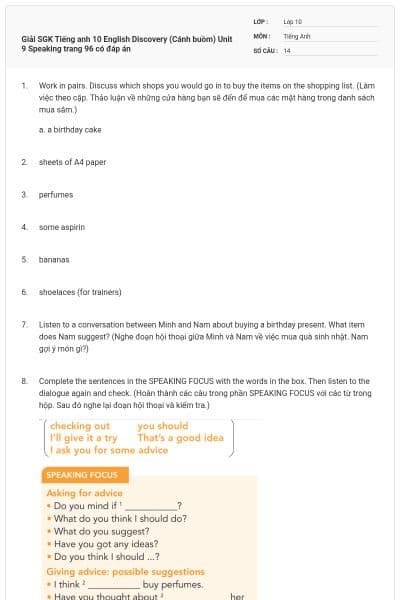 Giải SGK Tiếng anh 10 English Discovery (Cánh buồm) Unit 9 Speaking trang 96 có đáp án