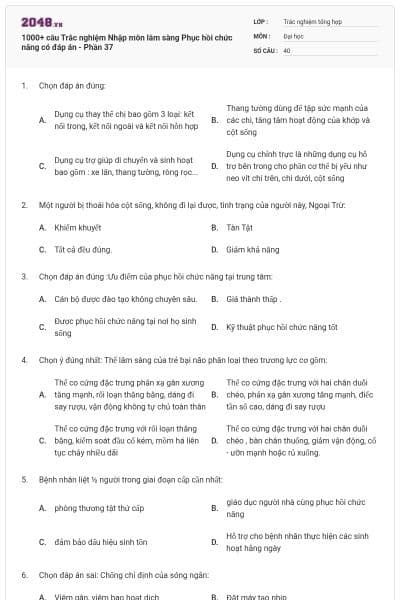 1000+ câu Trắc nghiệm Nhập môn lâm sàng Phục hồi chức năng có đáp án - Phần 37