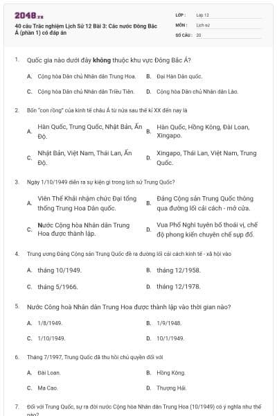 40 câu Trắc nghiệm Lịch Sử 12 Bài 3: Các nước Đông Bắc Á (phần 1) có đáp án
