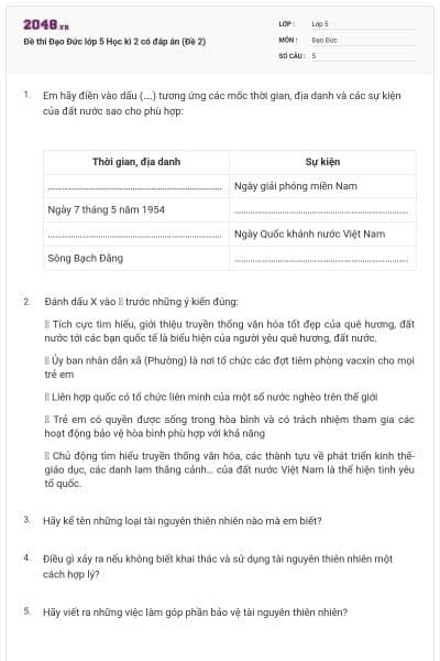 Đề thi Đạo Đức lớp 5 Học kì 2 có đáp án (Đề 2)