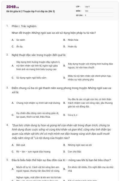 Đề thi giữa kì 2 Truyện lớp 9 có đáp án (Đề 3)