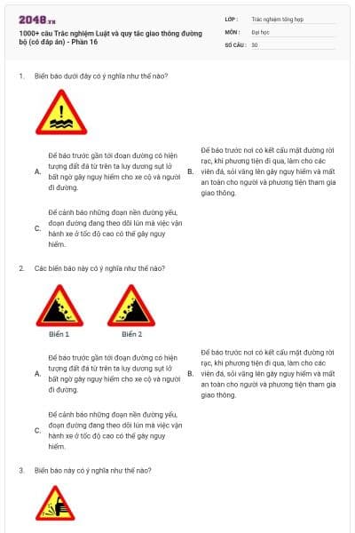 1000+ câu Trắc nghiệm Luật và quy tắc giao thông đường bộ (có đáp án) - Phần 16