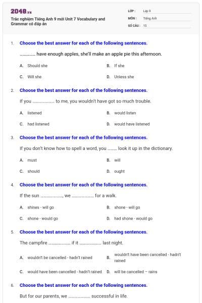 Trắc nghiệm Tiếng Anh 9 mới Unit 7 Vocabulary and Grammar có đáp án