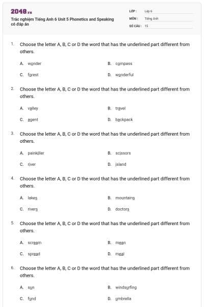 Trắc nghiệm Tiếng Anh 6 Unit 5 Phonetics and Speaking có đáp án