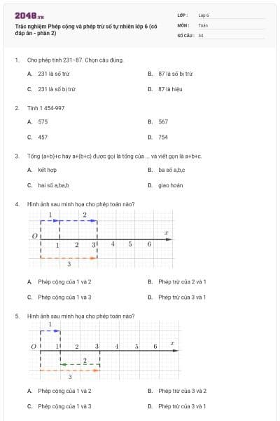Trắc nghiệm Phép cộng và phép trừ số tự nhiên lớp 6 (có đáp án - phần 2)