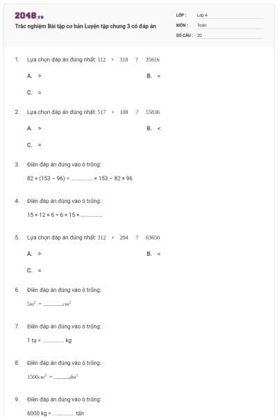 Trắc nghiệm Bài tập cơ bản Luyện tập chung 3 có đáp án