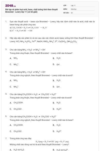 Bài tập về phân loại acid, base, chất lưỡng tính theo thuyết Bronsted - Lowry lớp 11 (có lời giải)