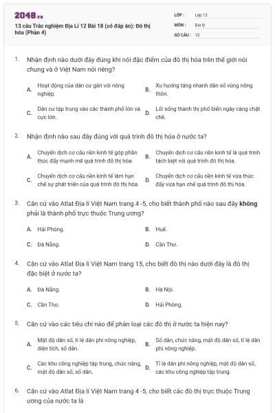 13 câu Trắc nghiệm Địa Lí 12 Bài 18 (có đáp án): Đô thị hóa (Phần 4)