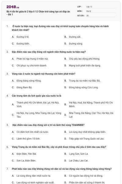 Bộ 4 đề thi giữa kì 2 Địa lí 12 Chân trời sáng tạo có đáp án - Đề 1
