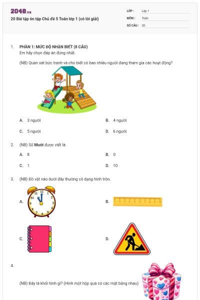 20 Bài tập ôn tập Chủ đề 5 Toán lớp 1 (có lời giải)