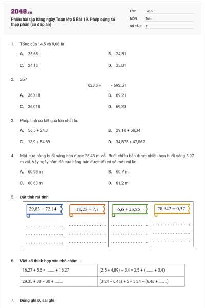Phiếu bài tập hàng ngày Toán lớp 5 Bài 19. Phép cộng số thập phân (có đáp án)