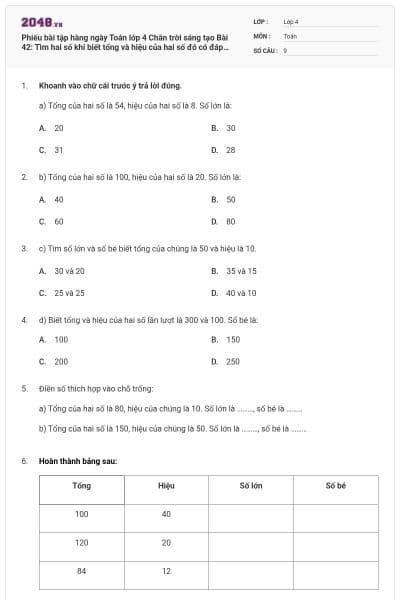 Phiếu bài tập hàng ngày Toán lớp 4 Chân trời sáng tạo Bài 42: Tìm hai số khi biết tổng và hiệu của hai số đó có đáp án