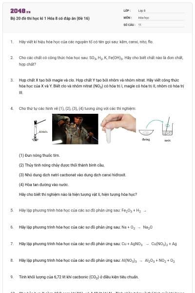 Bộ 20 đề thi học kì 1 Hóa 8 có đáp án (Đề 16)