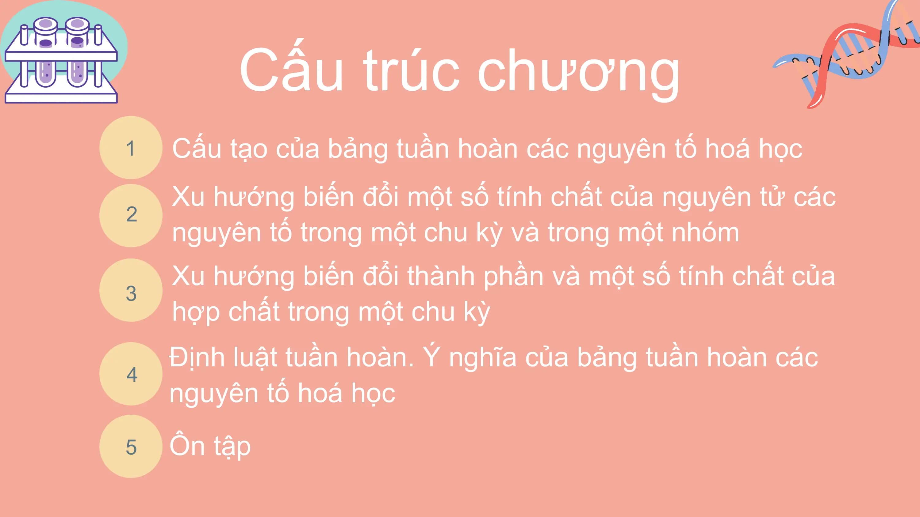 Cấu trúc chương
1 Cấu tạo của bảng tuần hoàn các nguyên tố hoá học
 Xu hướng biến đổi một số tính chất của nguyên tử các
2
 nguyên tố trong một chu kỳ và trong một nhóm
 Xu hướng biến đổi thành phần và một số tính chất của
3
 hợp chất trong một chu kỳ
 Định luật tuần hoàn. Ý nghĩa của bảng tuần hoàn các
4
 nguyên tố hoá học
5 Ôn tập