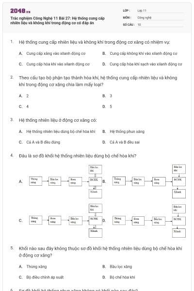 Trắc nghiệm Công Nghệ 11 Bài 27: Hệ thống cung cấp nhiên liệu và không khí trong động cơ có đáp án
