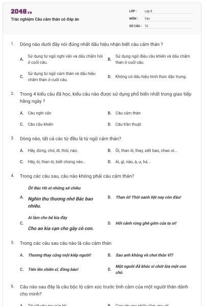 Trắc nghiệm Câu cảm thán có đáp án