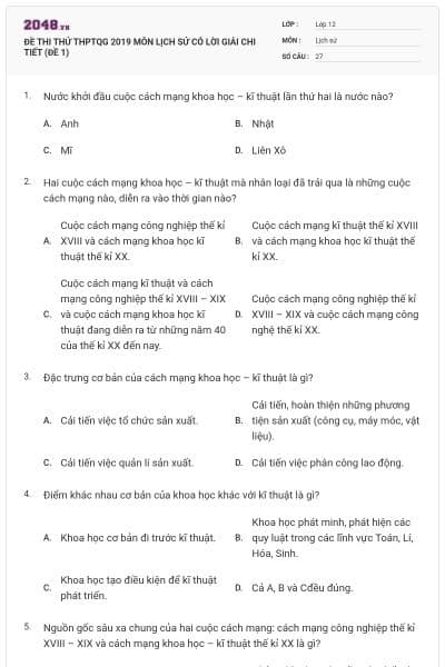 ĐỀ THI THỬ THPTQG 2019 MÔN LỊCH SỬ CÓ LỜI GIẢI CHI TIẾT (ĐỀ 1)
