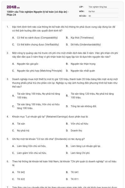 1000+ câu Trắc nghiệm Nguyên lý kế toán (có đáp án) - Phần 24