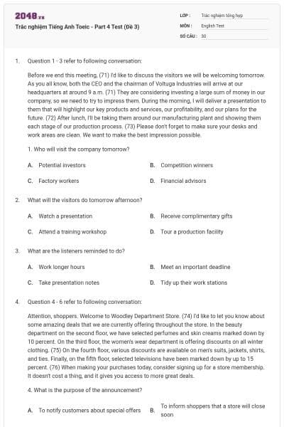 Trắc nghiệm Tiếng Anh Toeic - Part 4 Test (Đề 3)
