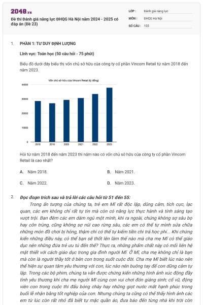 Đề thi Đánh giá năng lực ĐHQG Hà Nội năm 2024 - 2025 có đáp án (Đề 23)