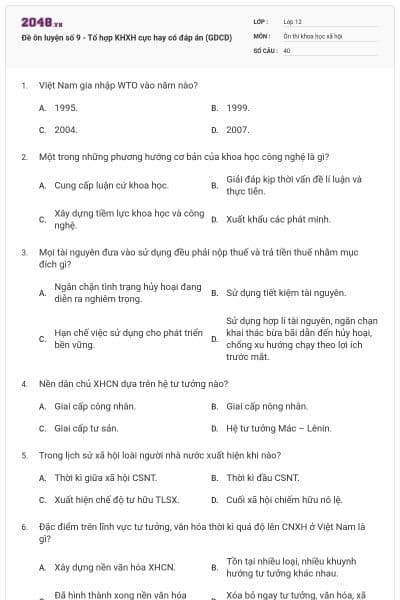 Đề ôn luyện số 9 - Tổ hợp KHXH cực hay có đáp án (GDCD)