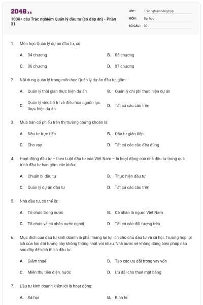 1000+ câu Trắc nghiệm Quản lý đầu tư (có đáp án) - Phần 31
