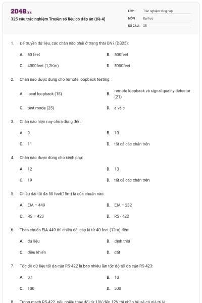 325 câu trắc nghiệm Truyền số liệu có đáp án (Đề 4)