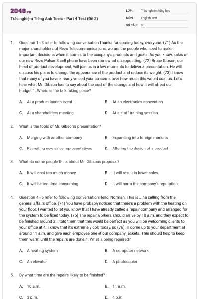 Trắc nghiệm Tiếng Anh Toeic - Part 4 Test (Đề 2)