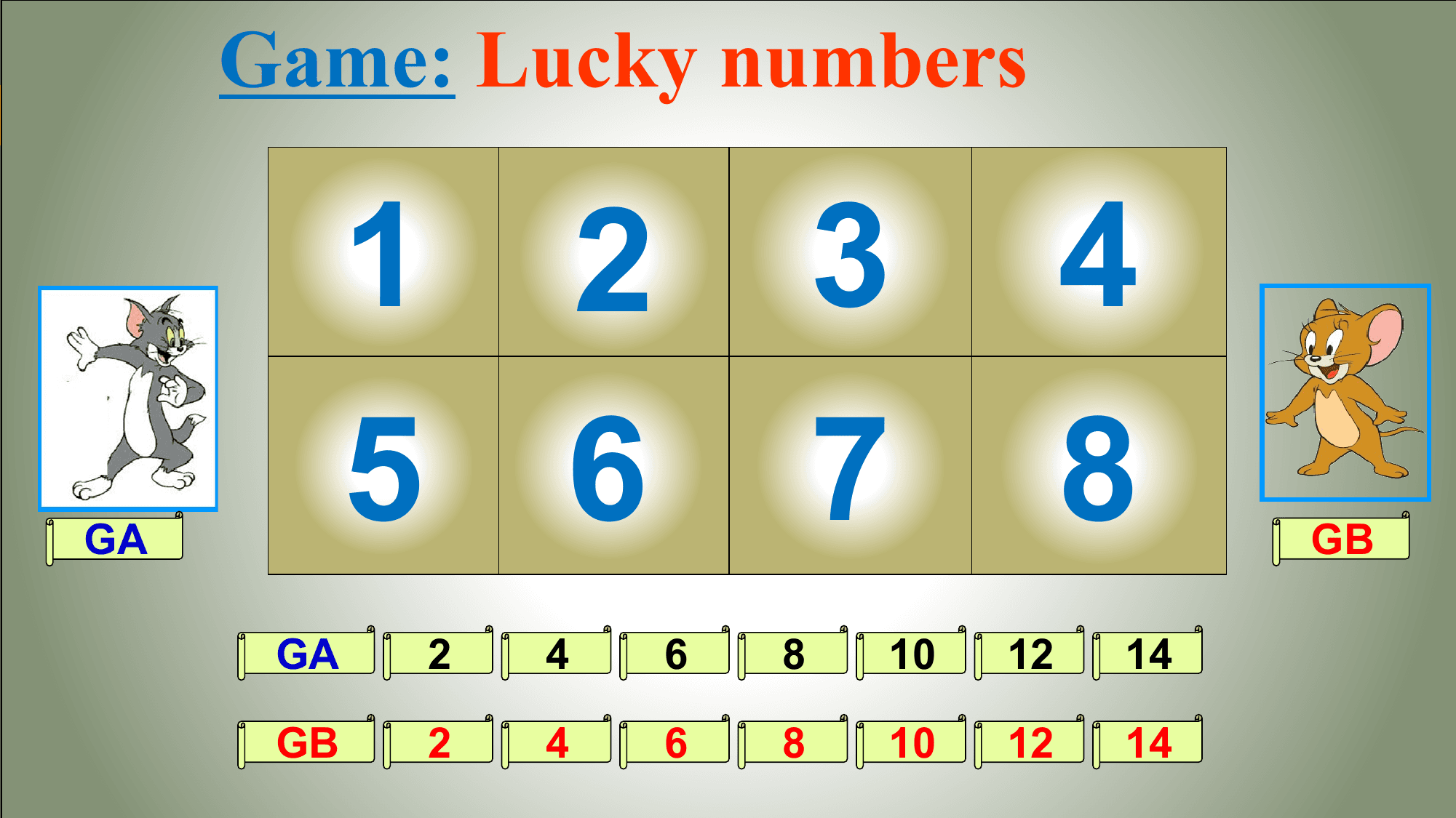 Game: Lucky numbers

 1 2 3 4
GA
 5 6 7 8 GB

 GA 2 4 6 8 10 12 14

 GB 2 4 6 8 10 12 14