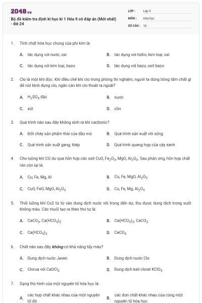 Bộ đề kiểm tra định kì học kì 1 Hóa 9 có đáp án (Mới nhất) - Đề 24