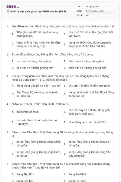 10 đề thi thi thpt quốc gia tổ hợp KHXH môn Địa (Đề 8)