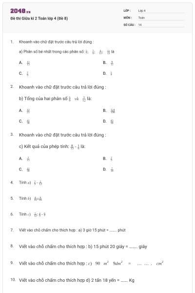 Đề thi Giữa kì 2 Toán lớp 4 (Đề 8)