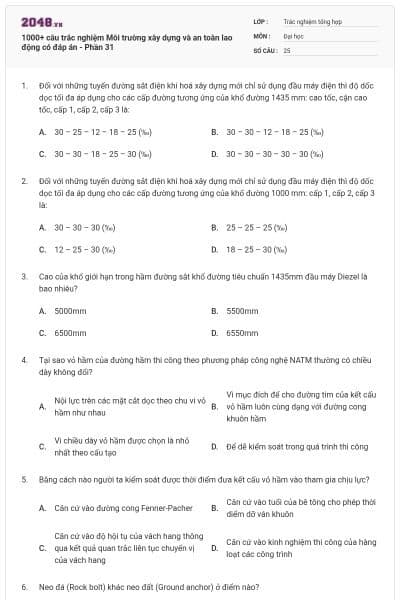 1000+ câu trắc nghiệm Môi trường xây dựng và an toàn lao động có đáp án - Phần 31