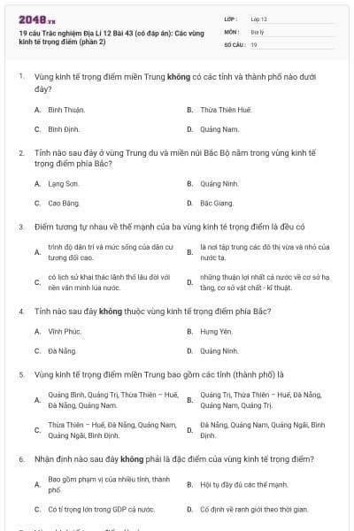 19 câu Trắc nghiệm Địa Lí 12 Bài 43 (có đáp án): Các vùng kinh tế trọng điểm (phần 2)