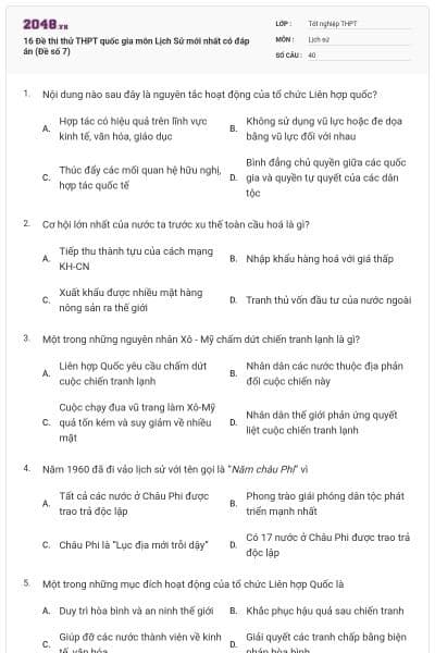 16 Đề thi thử THPT quốc gia môn Lịch Sử mới nhất có đáp án (Đề số 7)