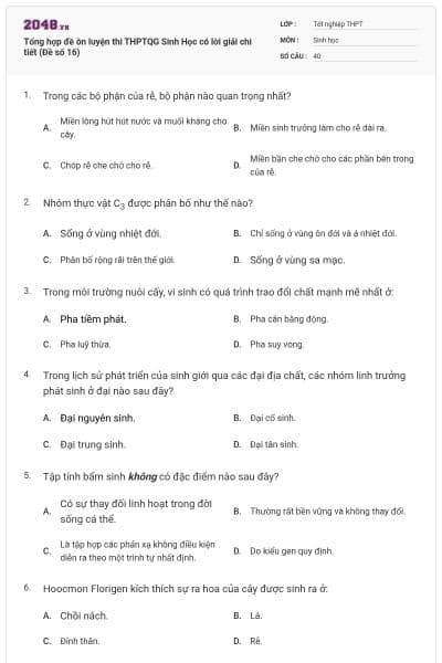 Tổng hợp đề ôn luyện thi THPTQG Sinh Học có lời giải chi tiết (Đề số 16)