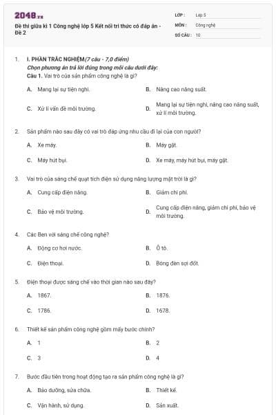 Đề thi giữa kì 1 Công nghệ lớp 5 Kết nối tri thức có đáp án - Đề 2