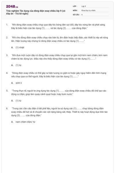 Trắc nghiệm Tác dụng của dòng diện xoay chiều lớp 9 (có đáp án - Trả lời ngắn)