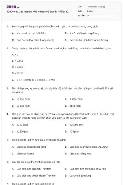 1200+ câu trắc nghiệm Hoá lý dược có đáp án - Phần 12