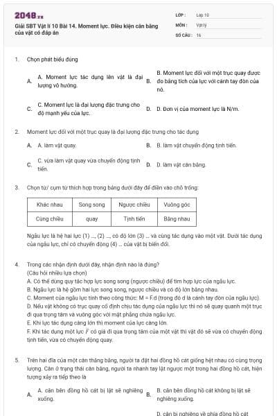 Giải SBT Vật lí 10 Bài 14. Moment lực. Điều kiện cân bằng của vật có đáp án