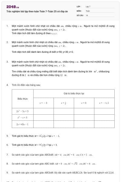 Trắc nghiệm bài tập theo tuần Toán 7-Tuần 25 có đáp án