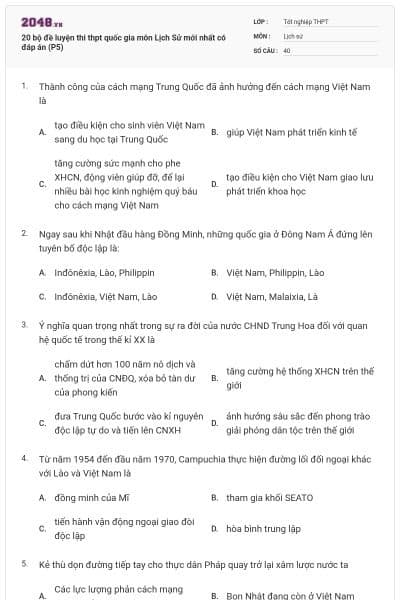 20 bộ đề luyện thi thpt quốc gia môn Lịch Sử mới nhất có đáp án (P5)