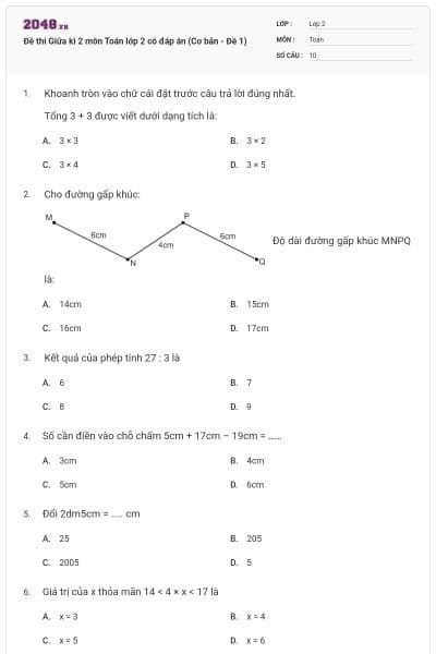Đề thi Giữa kì 2 môn Toán lớp 2 có đáp án (Cơ bản - Đề 1)