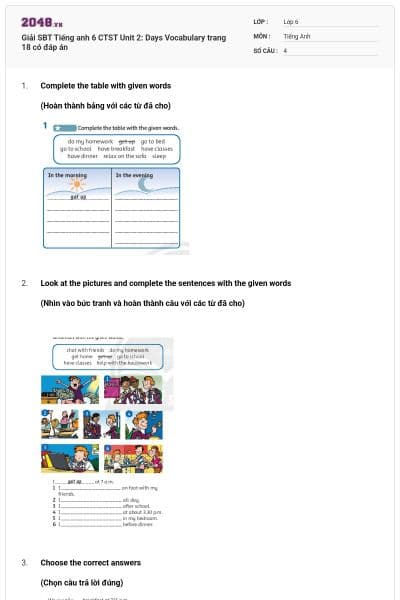 Giải SBT Tiếng anh 6 CTST Unit 2: Days Vocabulary trang 18 có đáp án