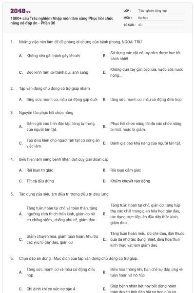 1000+ câu Trắc nghiệm Nhập môn lâm sàng Phục hồi chức năng có đáp án - Phần 36