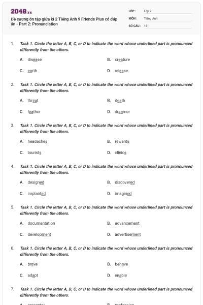 Đề cương ôn tập giữa kì 2 Tiếng Anh 9 Friends Plus có đáp án - Part 2: Pronunciation