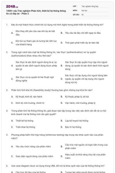 1000+ câu Trắc nghiệm Phân tích, thiết kế hệ thống thông tin có đáp án - Phần 2