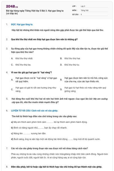 Bài tập hàng ngày Tiếng Việt lớp 5 Bài 3. Hạt gạo làng ta (có đáp án)