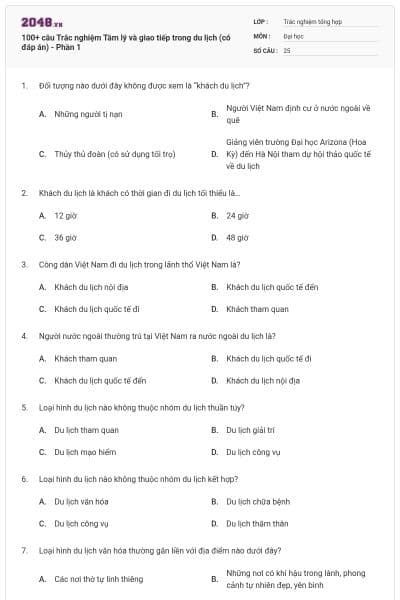 100+ câu Trắc nghiệm Tâm lý và giao tiếp trong du lịch (có đáp án) - Phần 1